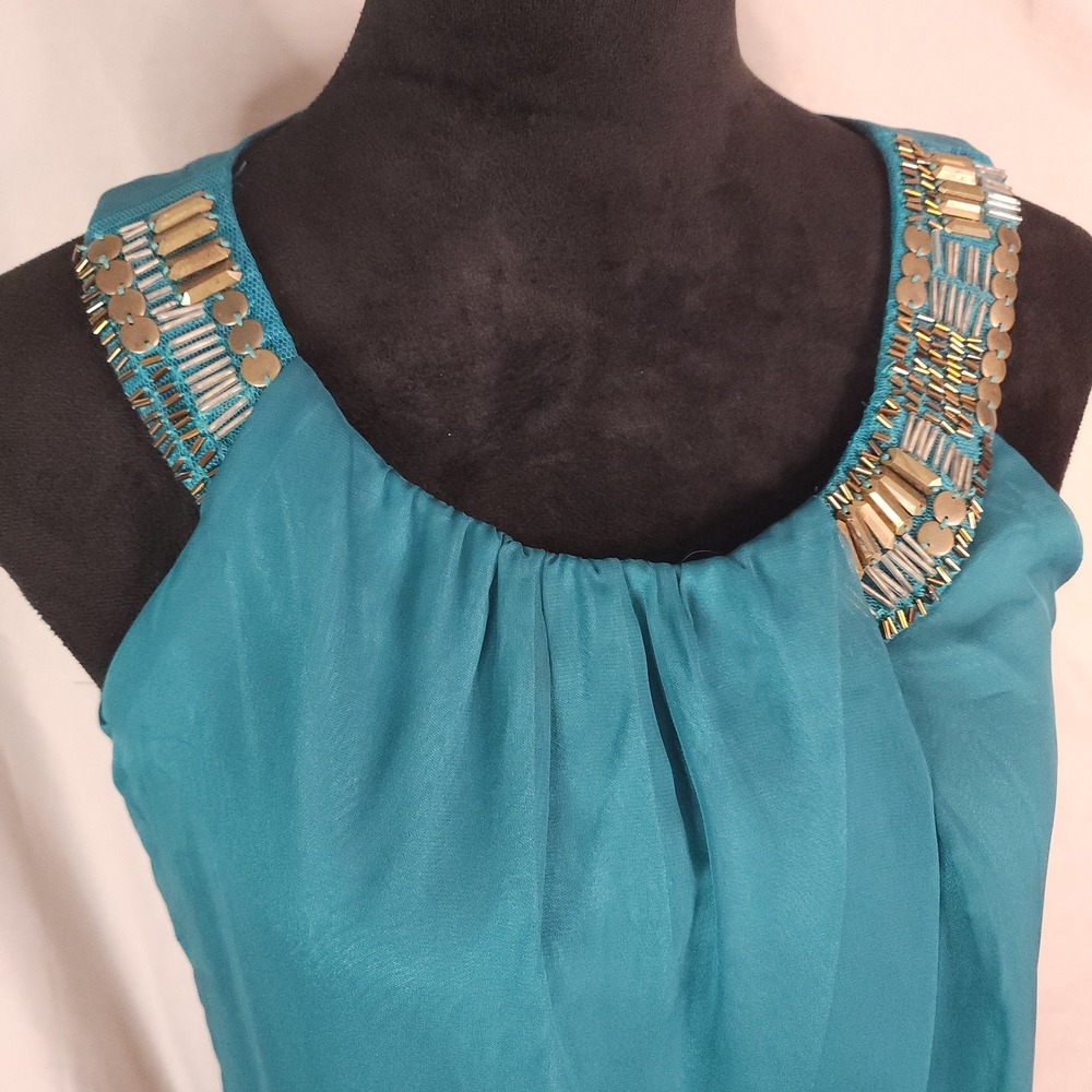 New w/tag NY COLLECTION Size Medium Teal Pleated Chiffon Beaded Sleeveles Blouse - Picture 4 of 12